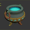 Ornate Cauldron Shaped Sculpture With Blue Interior Ring Handle And Carved Patterns